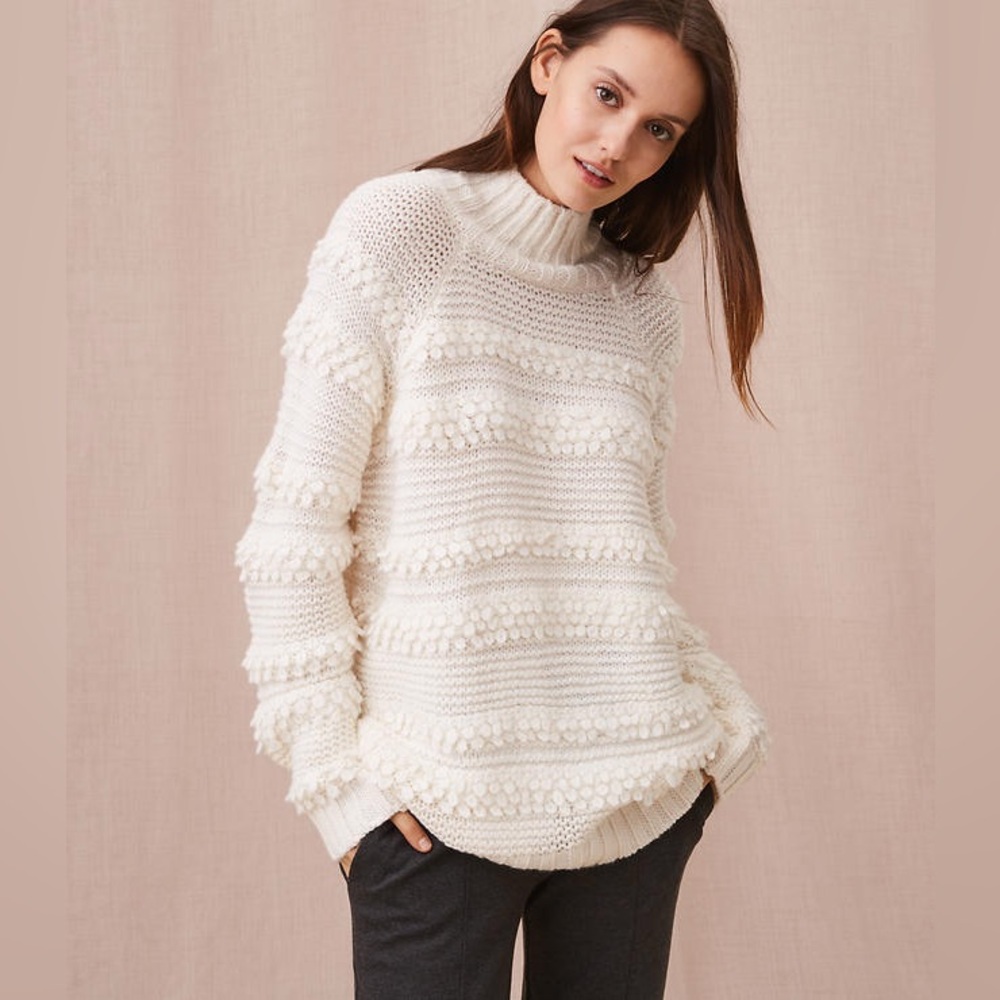 Lou & Grey White Ivory Popcorn Textured Design Knit Sweater